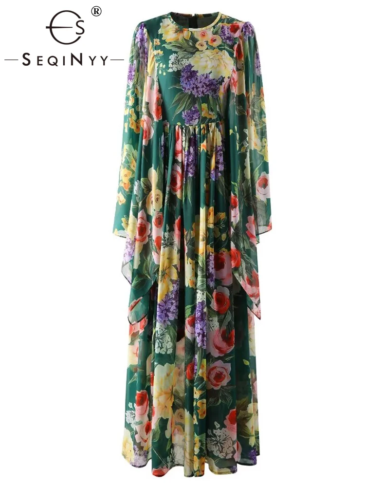 

SEQINYY Elegant Green Long Dress Early Spring New Fashion Design Women Runway Flare Sleeve A-Line Vintage Flower Print Sicily