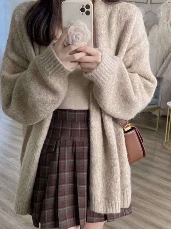 

Осень-зима, вязаный открытый кардиган, женский верблюжий цвет, ретро, нежный, для ленивого возраста, для студентов, свободный, высококачественный, чистый C...