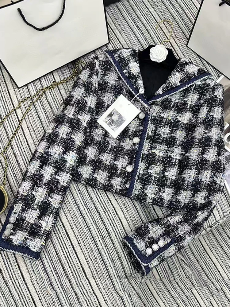 Designer's retro woven plaid tweed navy collar short jacket two-piece 2024 fall women's new + A-line skirt fashion suit