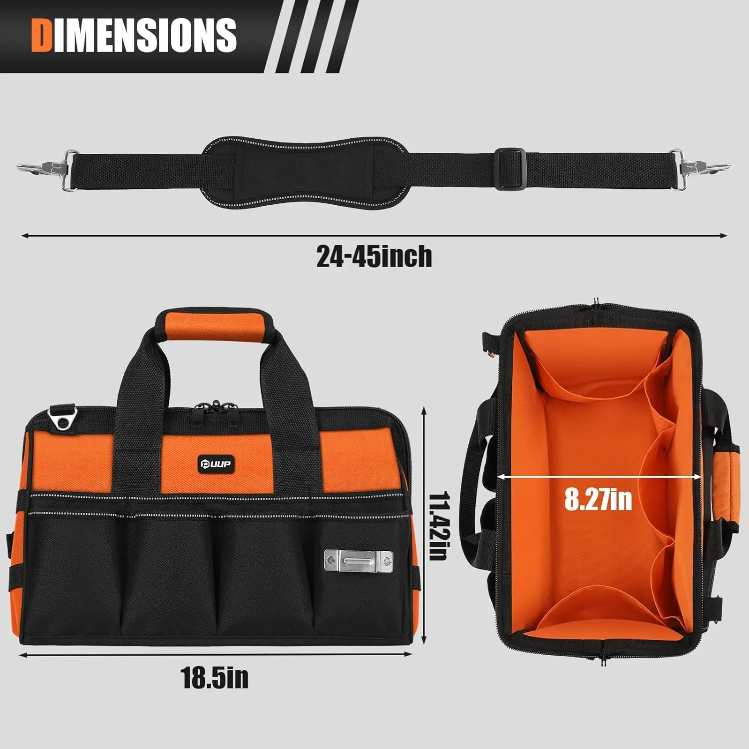 Bolsa de ferramentas resistente de 18 polegadas com 16 bolsos, alça de ombro ajustável, tecido Oxford resistente à água