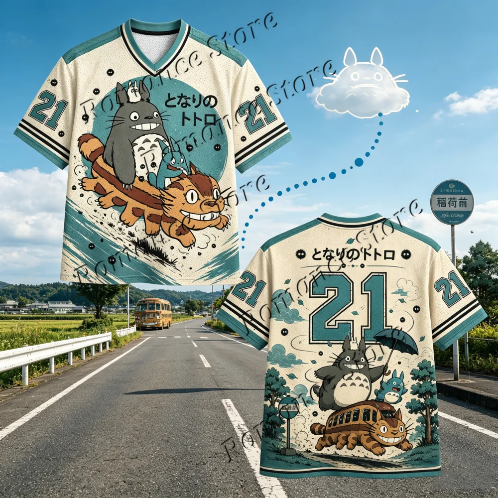 Totoro Catbus 21 Baseball Jersey Men Women t-shirt Harajuku Anime V Neck Short Sleeve Streetwear Cartoon Print Sport Tee Tops