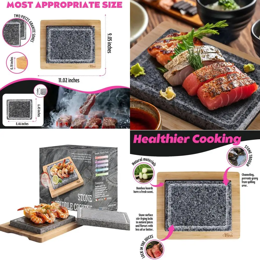 

Hot Stone Grill Set: 2 Stones & Bamboo Tray for Sizzling Steaks, BBQ, Hibachi, Indoor Grilling