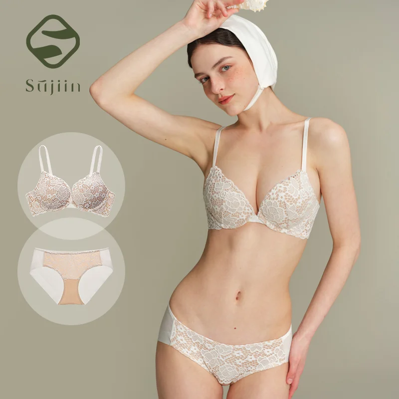 

SUJIIN Sexy Lace Bra Set for Women Push Up Wireless Supportive Plunge Small Chest Bra Lady Comfort Bralette Female XM020+XN020