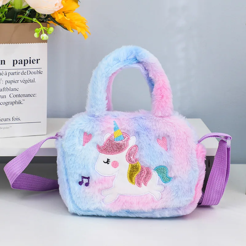 Kids Embroidery Unicorn Plush Toy Crossbody Purses Handbags Little Girls Rainbow Fluffy Purse Cute Cartoon Furry Shoulder Bag