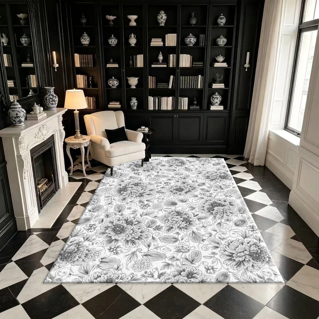 Single-Color Sketch of Peony Flowers Carpet Floor Decoration Painting Hand-Painted Art Style Carpet, Suitable for Home Decoration