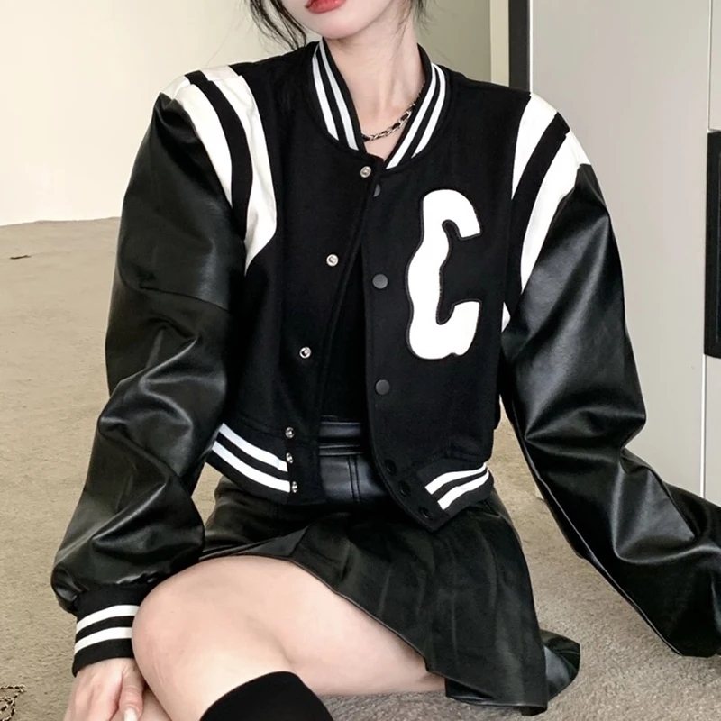 Jackets Women\'s Bomber Black Coats Leather Baseball Short Coat Y2k Jacket Woman Goth Clothing Streetwear