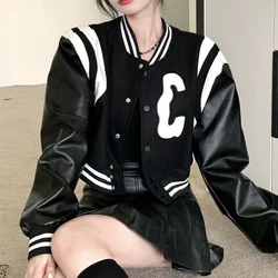 Jackets Women's Bomber Black Coats Leather Baseball Short Coat Y2k Jacket Woman Goth Clothing Streetwear