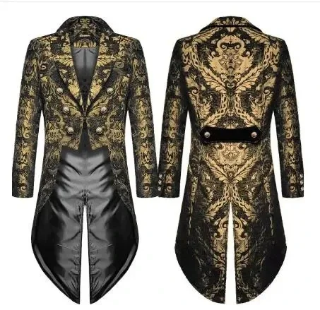 

Devil Fashion Mens Gothic Steampunk Tailcoat Jacket Black Brocade Damask Wedding