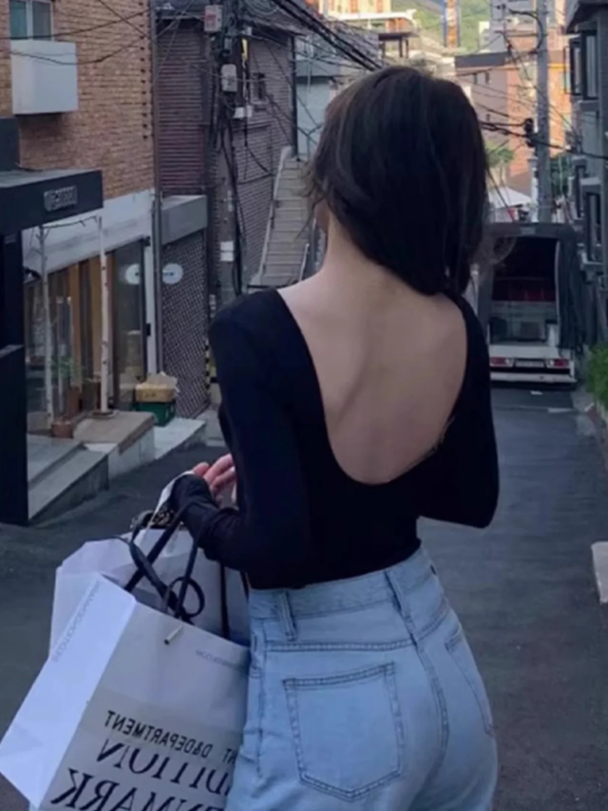 Black Long Sleeve Backless T-Shirt Women's Thin Style Slimming Inner Wear Pure Desire Spicy Girl Top Commute Style Korean Ver...