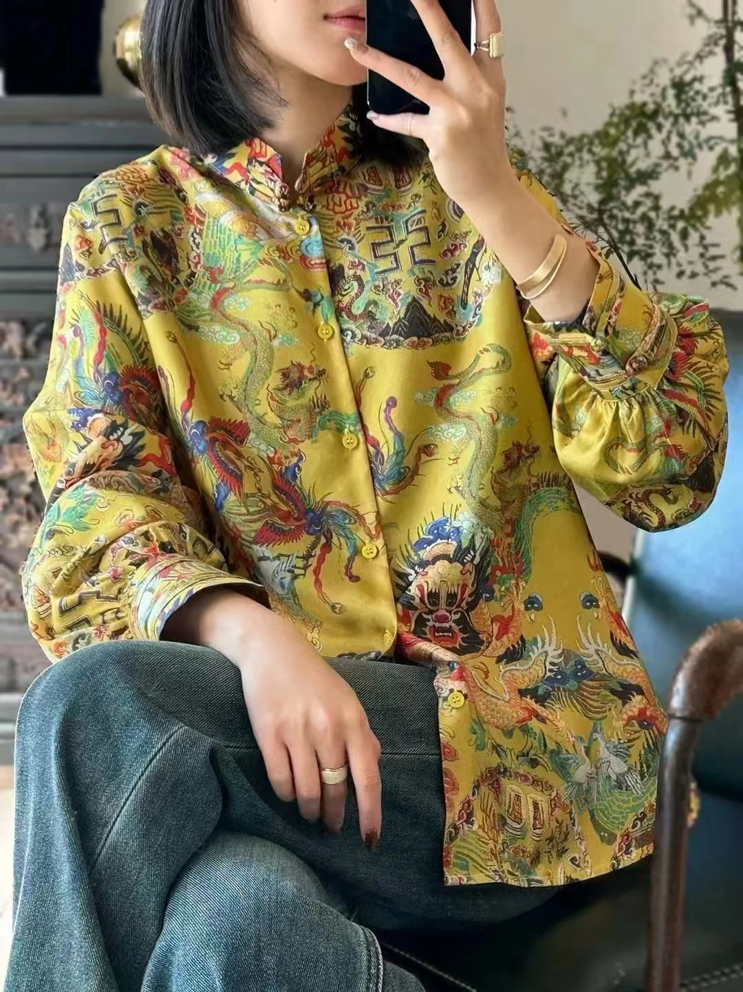 Autumn New Vintage Chinese Style Stand Collar Dragon Print Silk Shirt Women\'s Long Sleeve Single Breasted Button Top S-XL