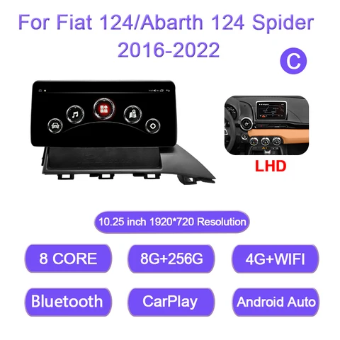 10,25-дюймовый мультимедийный проигрыватель для Fiat 124/Abarth 124 Spider 2016-2022, двойная система Android 14, автомобильная магнитола, GPS, 4G, Wi-Fi, CarPlay