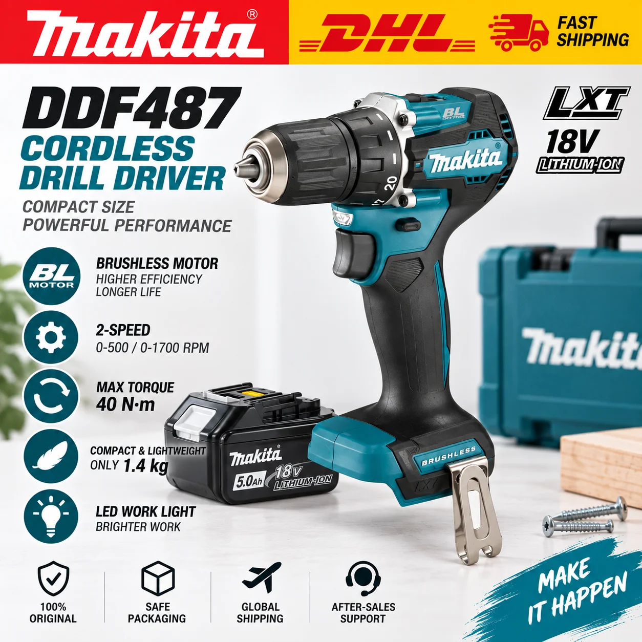 Für Makita DDF 487 Akku-Bohrschrauber 18V LXT Bürstenloser Motor 40N·m Hohes Drehmoment 2-Gang Kompaktes Leichtgewicht-Elektrowerkzeug