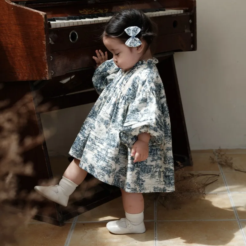 Ins Handmade New Girls Pure Cotton French Retro Literary Loose A-shaped Ink Painting Dress Lantern Sleeves Kids Boutique Dress