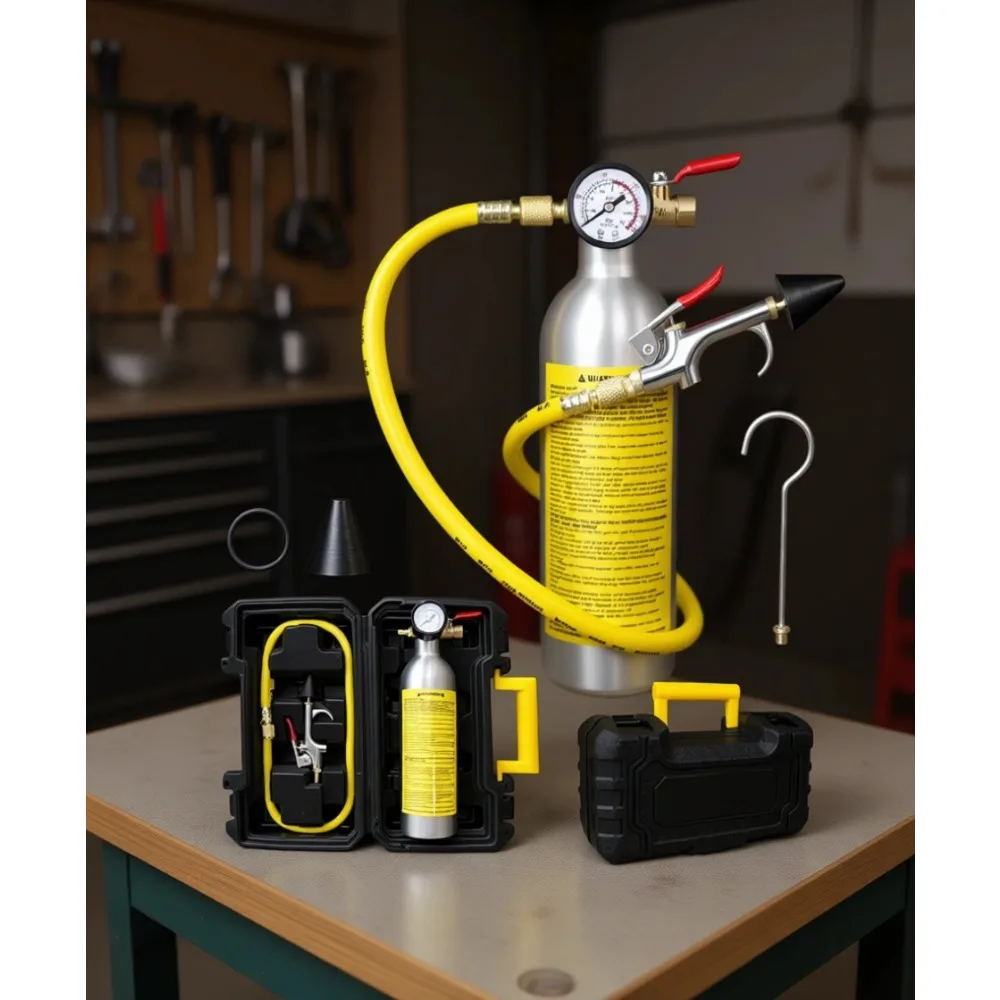 

Stainless Steel AC Flush Kit for Car Air Conditioner System Cleaning with Canister Gauge Hose and Fittings