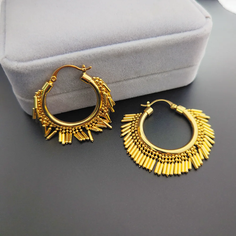

French Gold Copper Plated Beads and Bar Tassel Hoop Earrings for Lady Statement Tube Huggie Earring with Dangling Charms Gifts