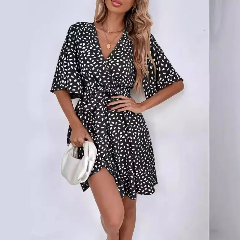 Women Boho Print Dress 2025 Summer Elegant Short Sleeve V Neck A Line Dresses Casual Loose Beach Party Sundress