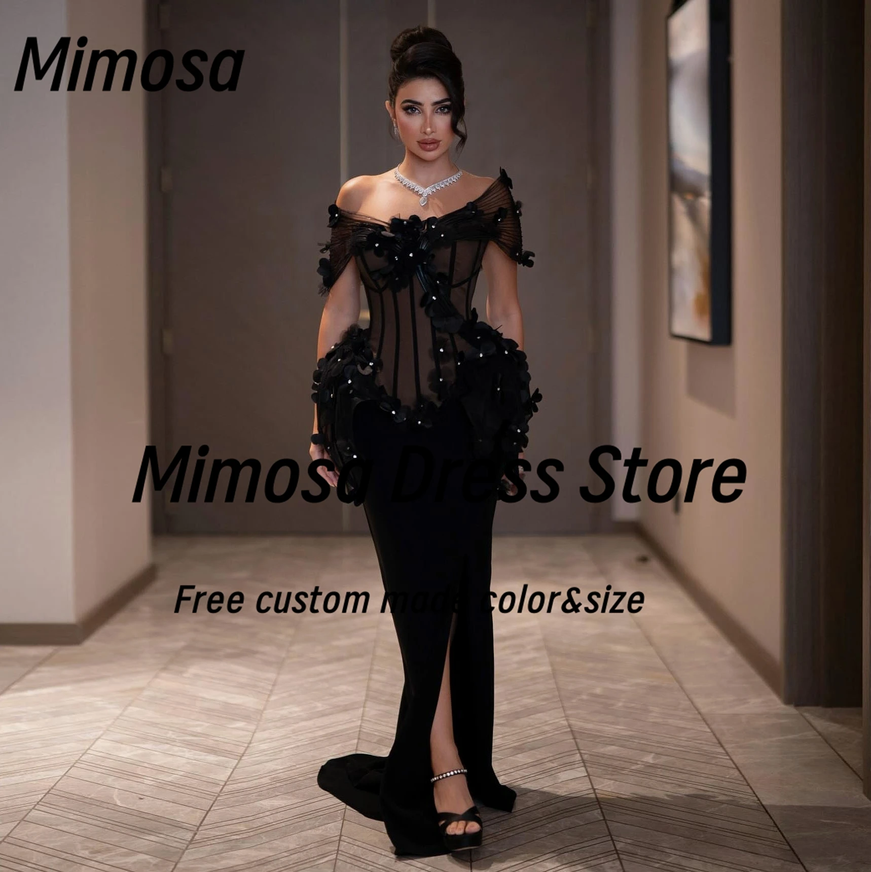 ميموزا الأسود فساتين لحضور الحفلات الموسيقية قبالة الكتف مطرز 3D-الزهور Vestidos Des Fiesta الجانب الشق مثير فستان الحفلات المسائية مخصص