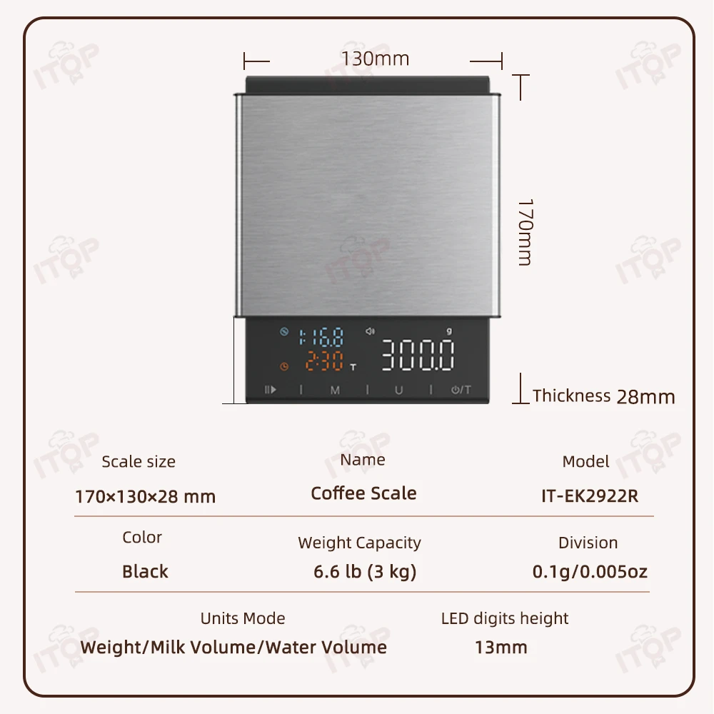 ITOP 2922R مقياس القهوة 0.1 جرام/3 كجم وظيفة توقيت الوزن الدقيق عرض نسبة الغواش توقيت تعبئة المياه التلقائي
