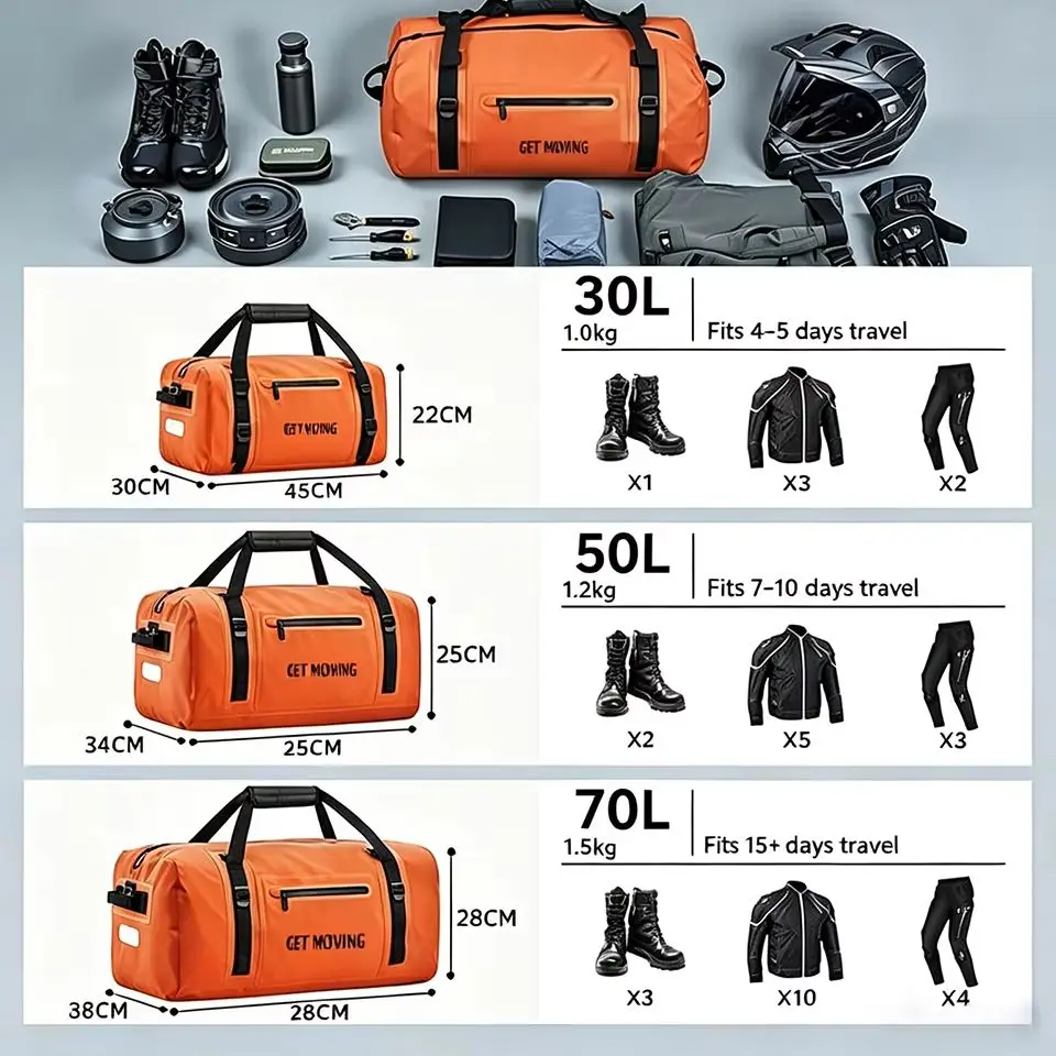 Motorcycle Waterproof Travel Bag 30/50/70L Motorbike Back Seat Bag Backpack Adventure Camping Outdoor Waterproof Storage Pouch