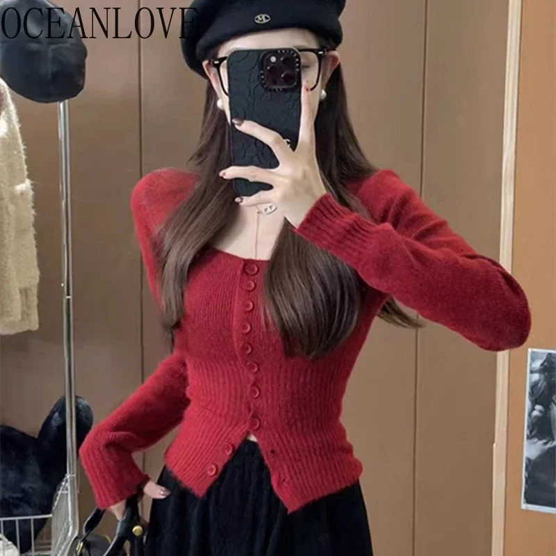 OCEANLOVE Short Cardigans Square Neck Solid Korean Fashion Autumn Winter Women Sweaters Slim Sweet Chic Retro Sueter Mujer