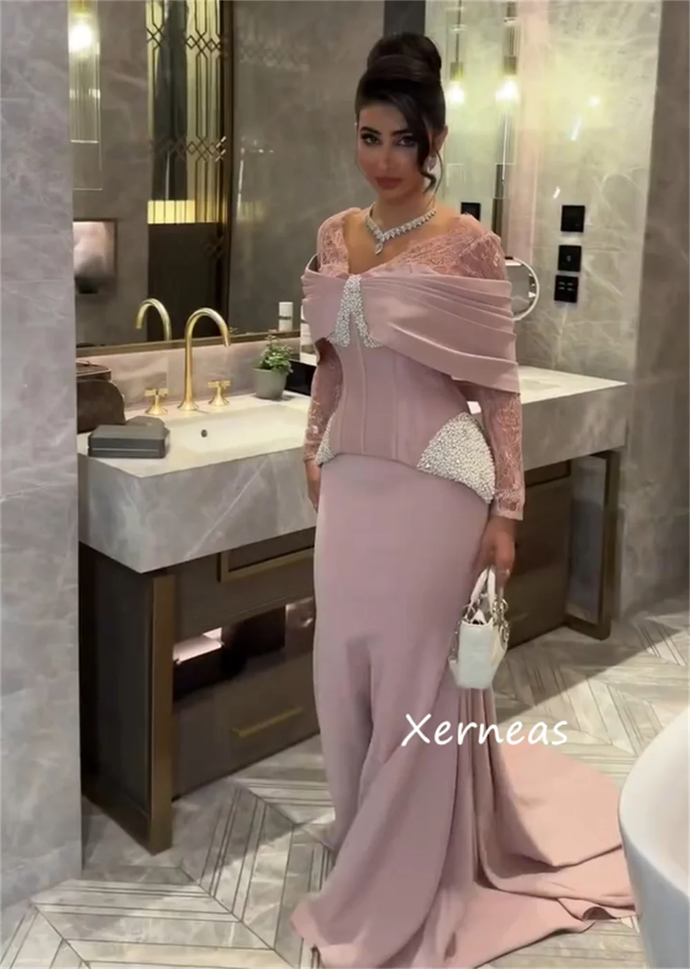 تخصيص بسيط جيرسي الطية البراقة الخامس الرقبة فساتين طويلة مخصصة مناسبة المشاهير النمط الصيني #4