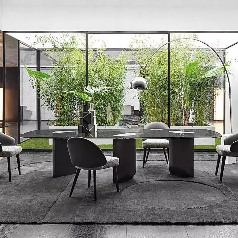 #￥forMR Modern Stainless Steel Base Marble Dining Table Rectangular Restaurant Tables 6-person Table and Chair Combination Set