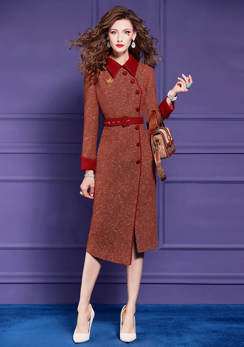 ZJYT Autumn Winter Women\'s Woolen Dress Party Long Sleeve Elegant Chic Vintage Straight Midi Dresses Plus Size Female Vestidos