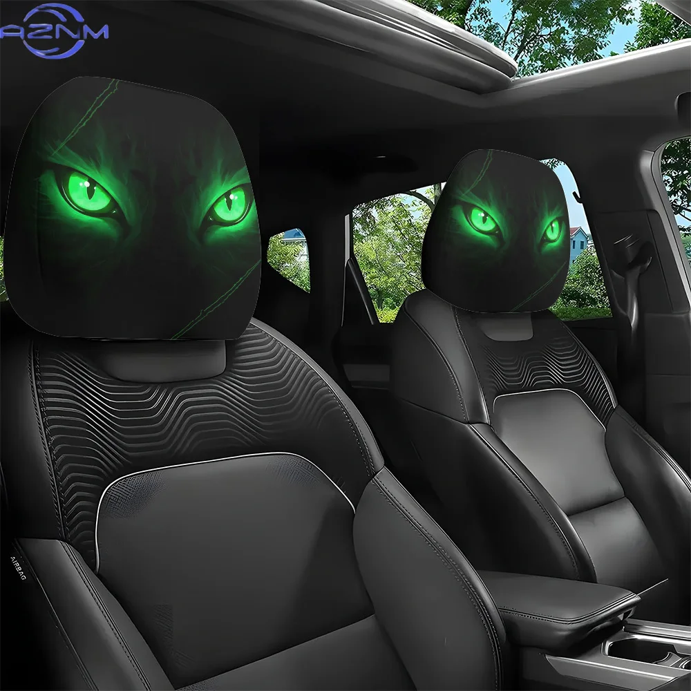2pcs Green Cat Eye Print Pattern Car Headrest Covers, All-Weather Use, Car Headrest Protectors, Car Interior Accessories, Suit