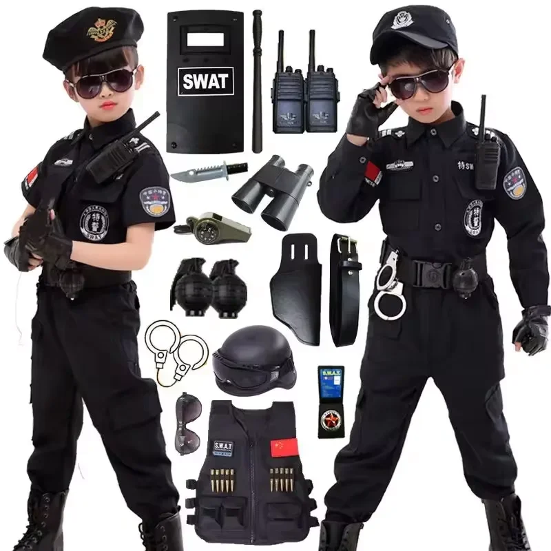 2025 SWAT الأطفال هالوين شرطي تأثيري ازياء الاطفال كرنفال الشرطة موحدة 110-160 سنتيمتر الأولاد رجال شرطة الجيش الجندي 7 قطعة