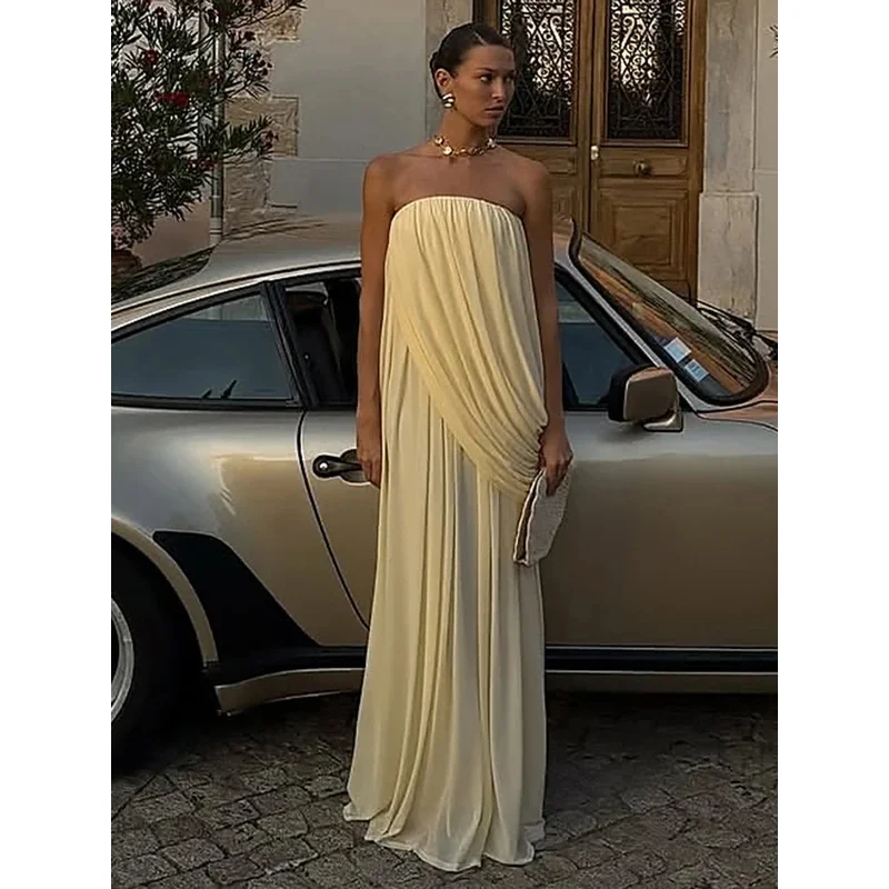 

Модное длинное платье BKQU с открытыми плечами, без рукавов, с плиссировкой, с открытой спиной, для женщин, летнее, для отпуска, пляжное, 2026