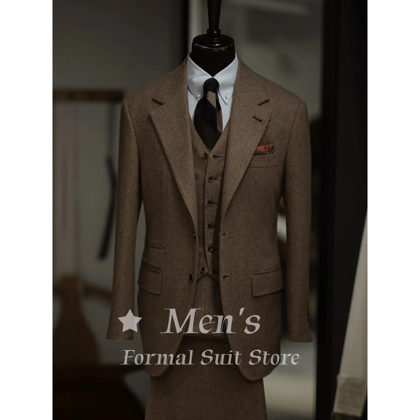 Fashion Mens Brown Herringbone Tweed Suit 3 Piece Wool Blend Notch Lapel Slim Fit Blazer Pants Wedding Groom Prom Customized