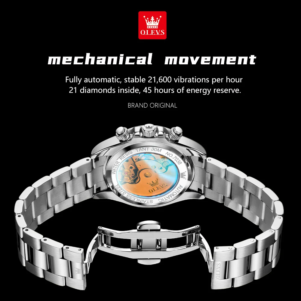 OLEVS 7038 ساعة رجالي أصلية ساعة ميكانيكية أوتوماتيكية الماس الهاتفي مقاوم للماء مضيئة مرحلة القمر المزدوج التقويم ساعة الهدايا