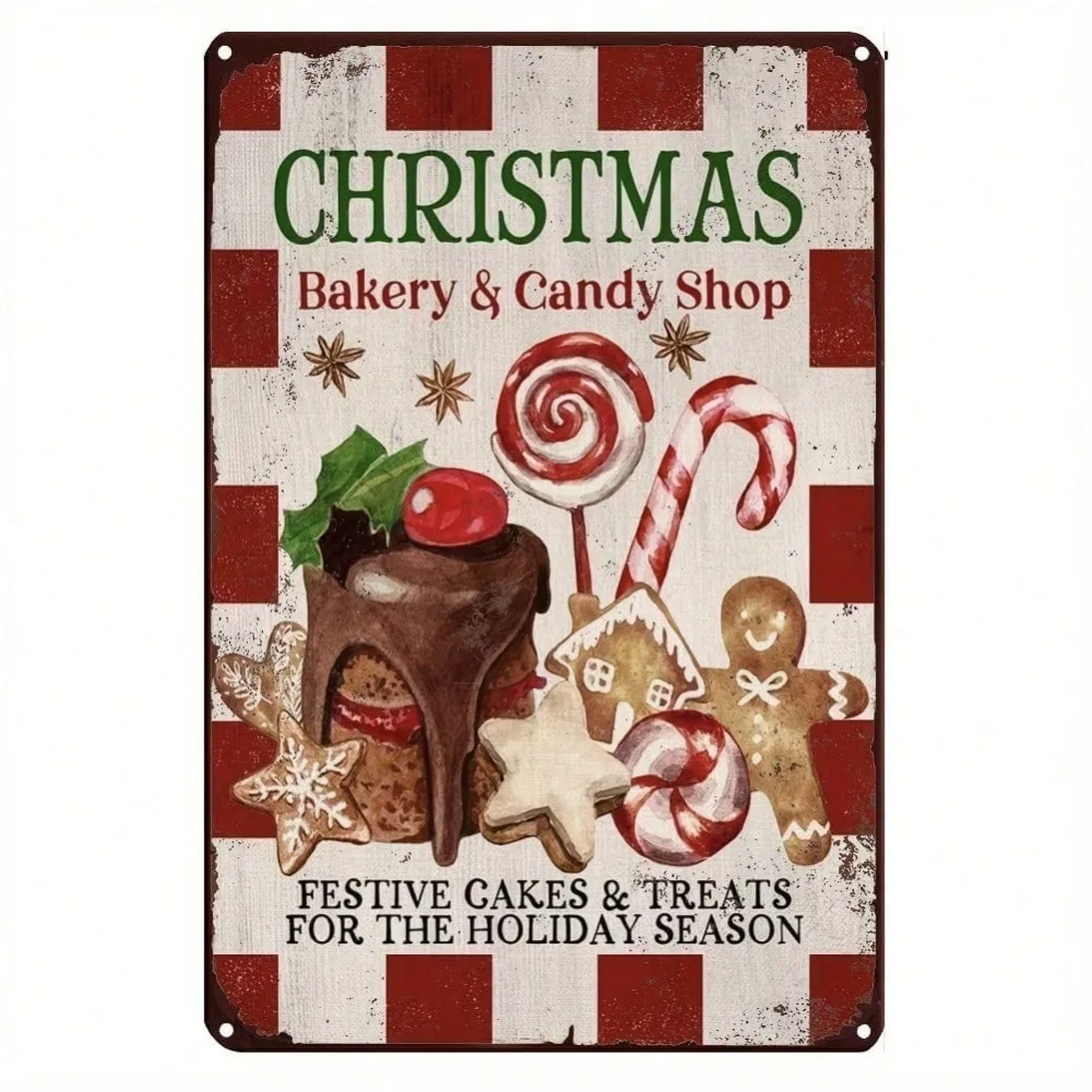 Metall-Blechschild für die Weihnachtsbäckerei – Retro-Feiertagsdekoration, Lebkuchen-Süßigkeitstangen – robuste Eisen-Wandkunst für die Küche zu Hause – Chri
