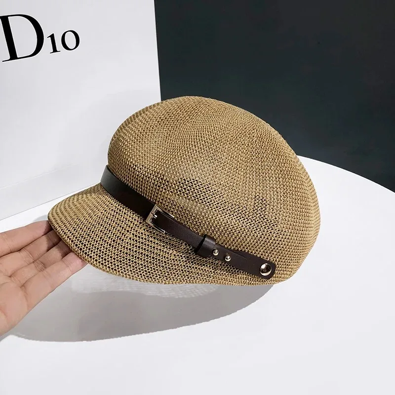 New Hollow Open Octagonal Hat Ladies Summer Travel All-match Sunscreen Cap Shade Straw Hat Japanese British Peaked Beret Womens