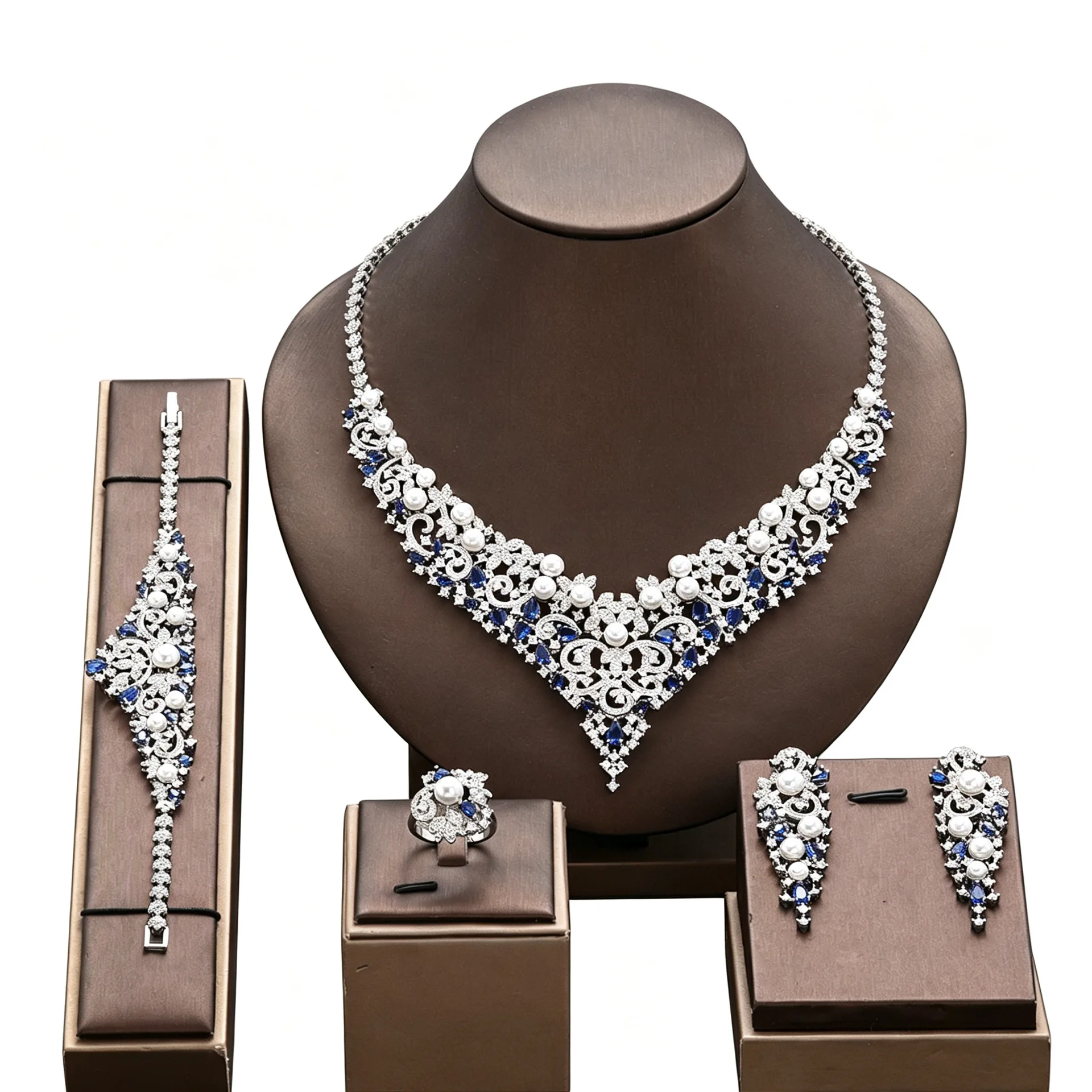 Vintage Women 4Pcs Bridal Jewelry Set Paved Cubic Zirconia Imitation Pearl Necklace Earrings Bracelet For Wedding Christmas Gift