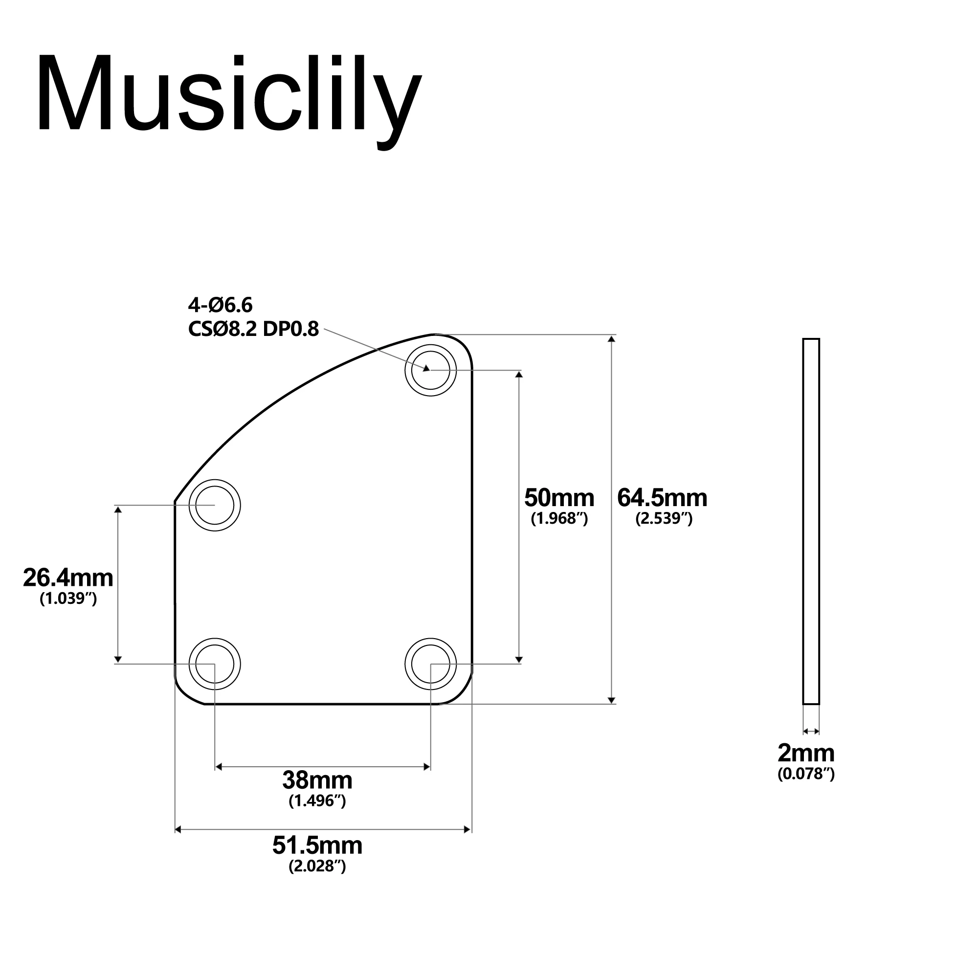 Musiclily Pro Steel Contoured Heel Neck Plate for Strat Tele Electric Guitar or Bass, Chrome