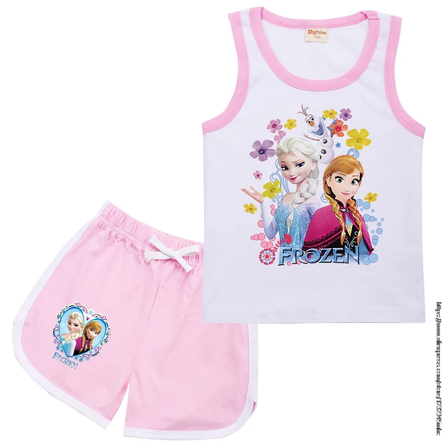 Children Clothing Sets Frozen Elsa Summer Soft Clothes Infant Girl Vest+pants Set Toddler Cotton Tee Tops Kid Sport Suits