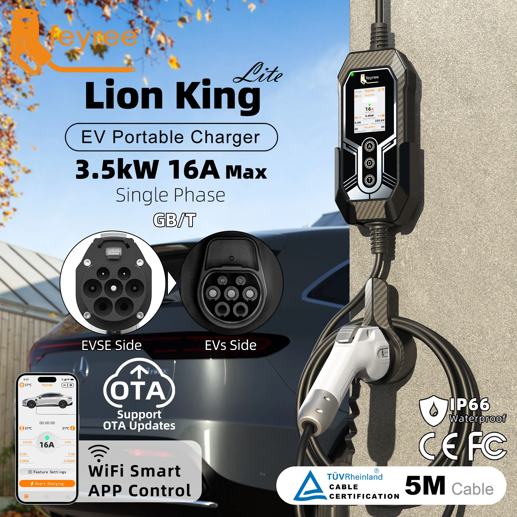 Feyree GBT EV Charger 16A3.5kW APP Control&Charging Log&OTA Upgrade&Plug Temperature Guard EVSE Portable Charger Box for EV Cars