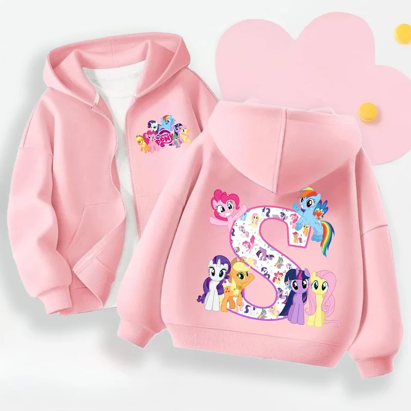 เสื้อคลุมมีฮู้ดลายมายลิตเติ้ลโพนี่สำหรับเด็ก น่ารัก พิมพ์ตัวอักษร A-Z แจ็คเก็ตซิปสำหรับเด็กผู้หญิง เสื้อโค้ทแขนยาวสำหรับฤดูใบไม้ผลิและฤดูใบไม้ร่วง ของขวัญเสื้อผ้าเด็ก