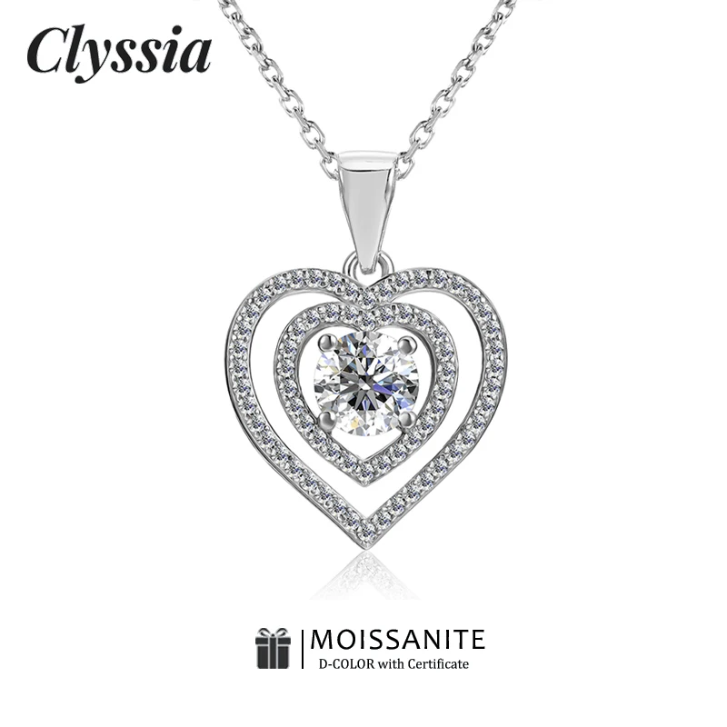 

CLYSSIA D VVS1 6.0mm Moissanite Heart in Heart Pendant Neckalce 925 Sterling Silver Valentine's Day Gifts for Women with GRA
