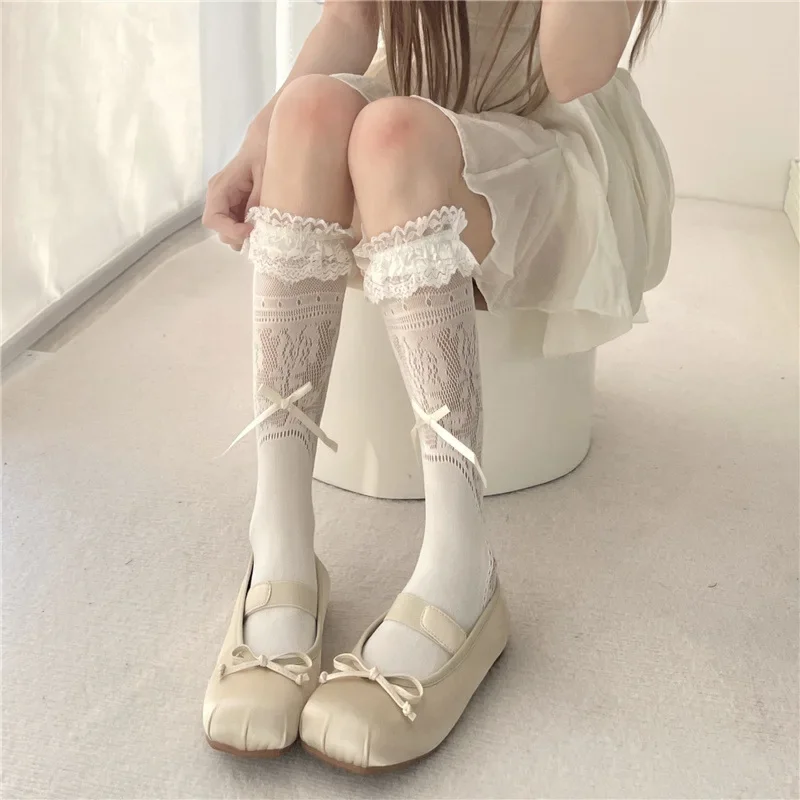 

Носки в стиле Лолиты, весенне-летние тонкие дышащие белые чулки с полым кружевом и бантом, повседневные черные носки средней длины