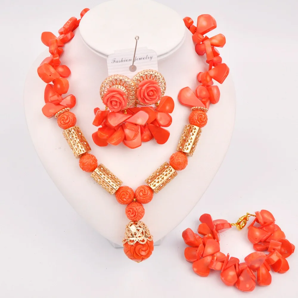 

Fashion Nigerian Wedding Bridal Coral Jewelry Sets Orange Coral Necklace African Jewelry Set
