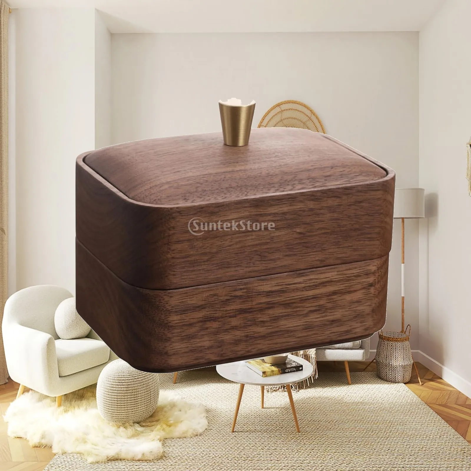 Rounded Rectangular Walnut Storage Container with Brass Knob for Desk Vanity Countertop Keeping Swabs Floss Clean Protected
