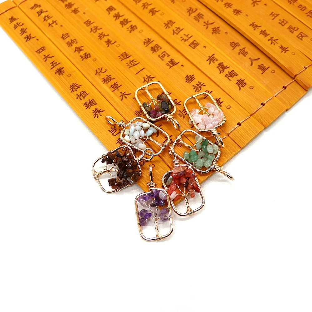 Square Hollowed-Out Natural Irregular Crystal Agate Crushed Stone Wrapped Tree-Shaped Single-Hole Pendant DIY Accessory Keychain