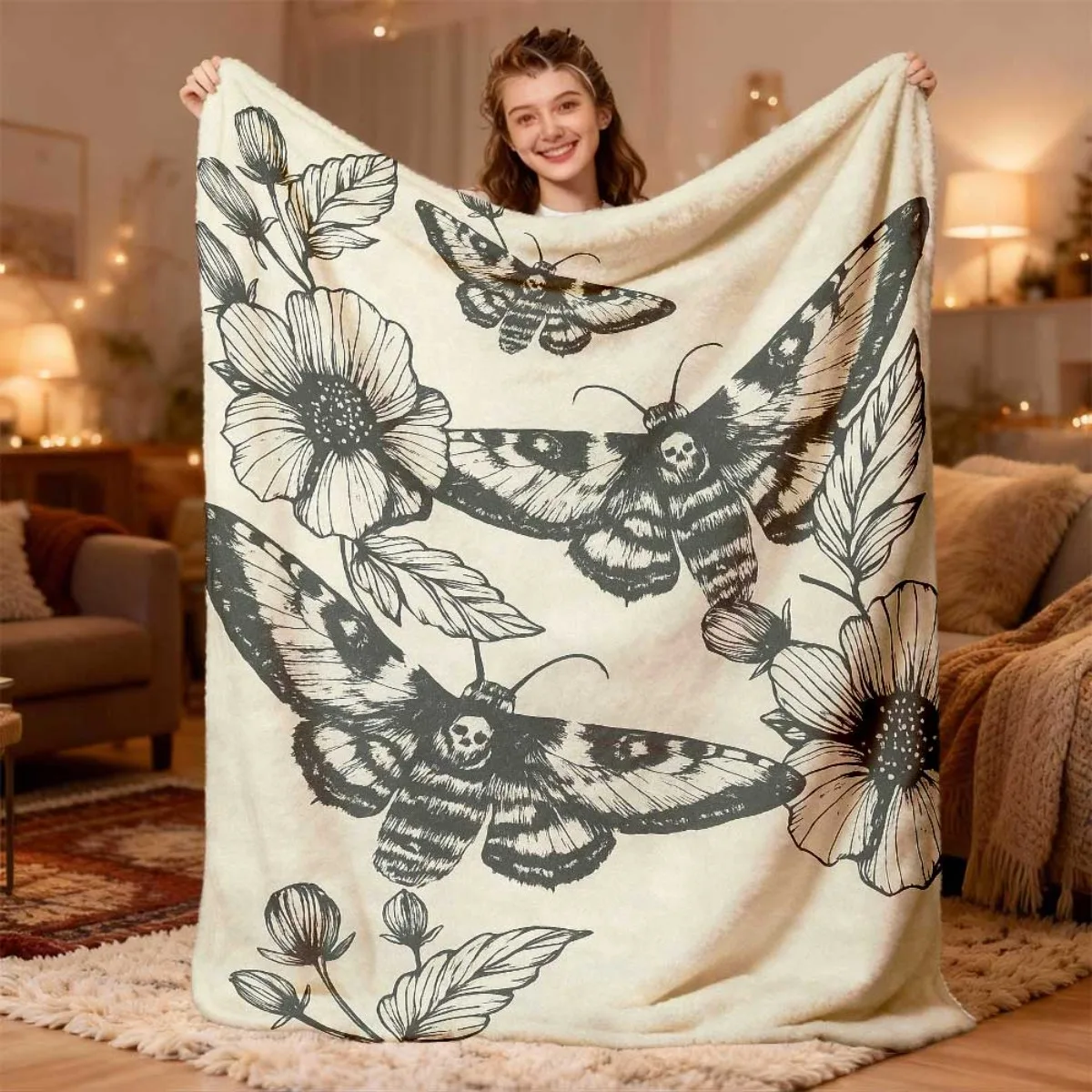 Retro Gothic Death Moth Floral Print Flannel Blanket Soft Fleece Throw Blanket for Sofa Bed Home Decoration Occult Lovers Gift
