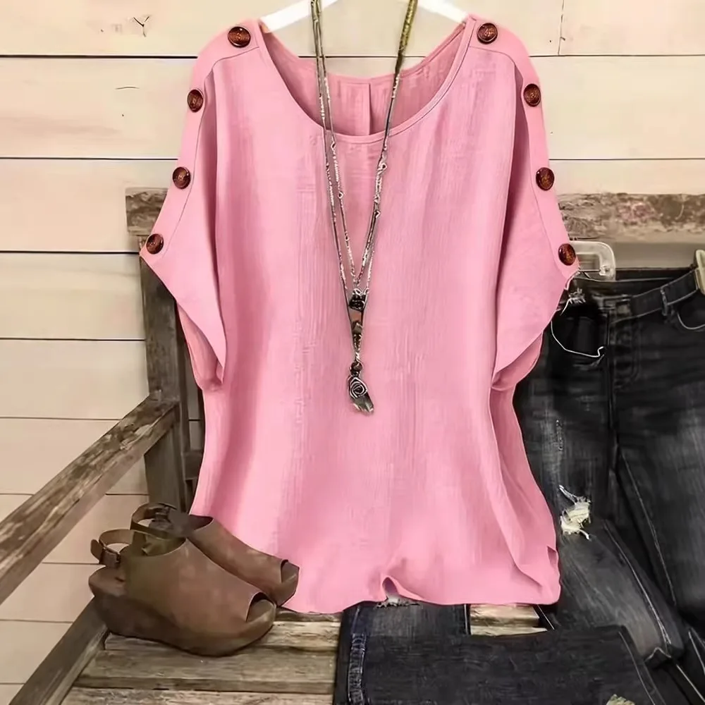 Round neck button niche design solid color loose fashion casual pullover top for women's summer new commuting versatile T-shirt
