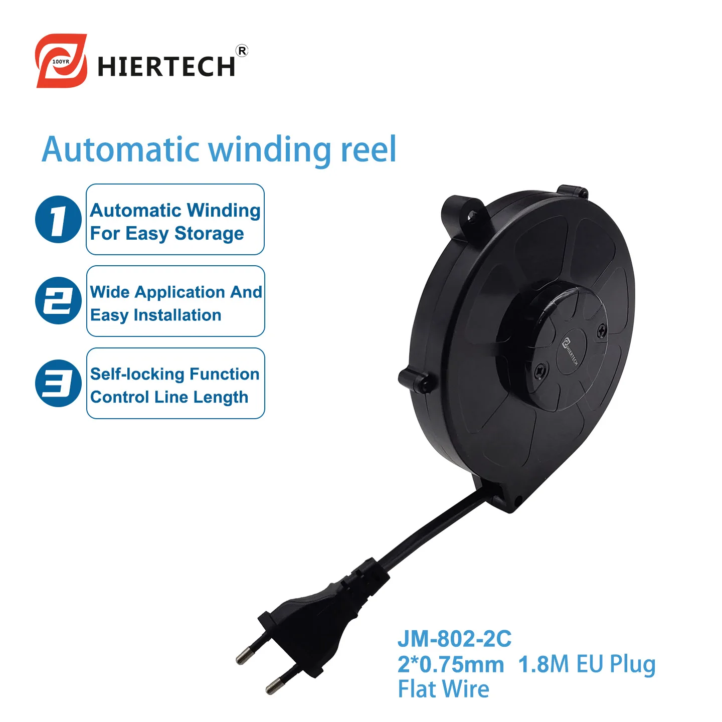 HIERTECH Black 2-Core 1.8-Meter Power Cable with Spool for Smart Equipment, Electric Rail, and Voice-Controlled Lights