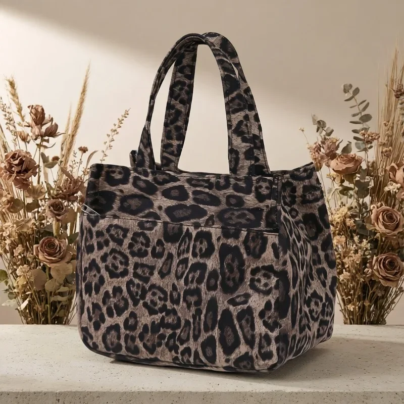 Canvas Leopard Tote Bag Large Capacity Handbag for Work Mom Student Lunch Bag Portable Shoulder