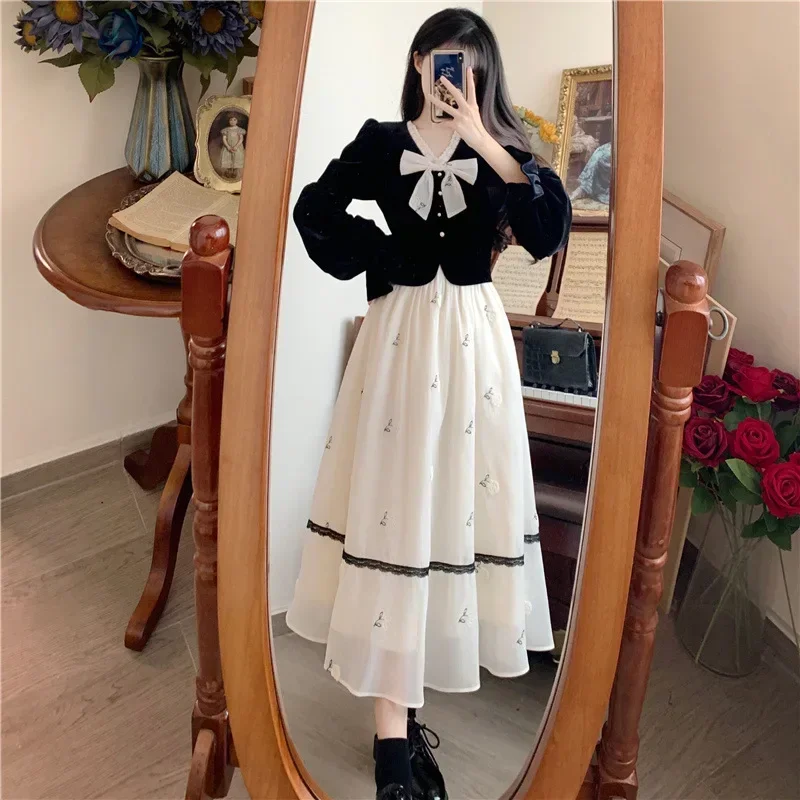 

Бархатное длинное платье больших размеров с узлом-бабочкой, 2025, брендовое женское платье больших размеров, осень-зима, новый стиль, ретро платье, китайское fg3d