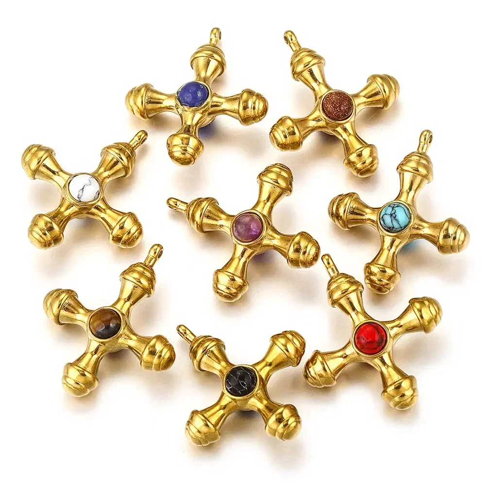 2pcs Stainless Steel Charms Chunky Cross Double Sided Natural Stone Gold Plated for DIY Necklaces Jewelry Making Parts Wholesale